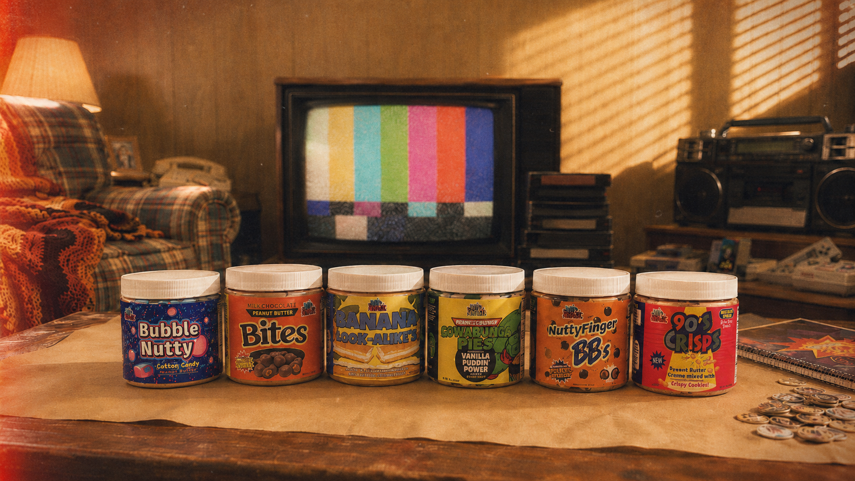 Six discontinued snacks, back as nut butter jars, on a 1990s kitchen counter