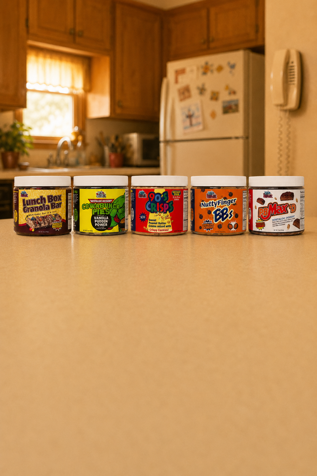 All five Nutty and Nostalgic jars lined up on a 1990s kitchen counter