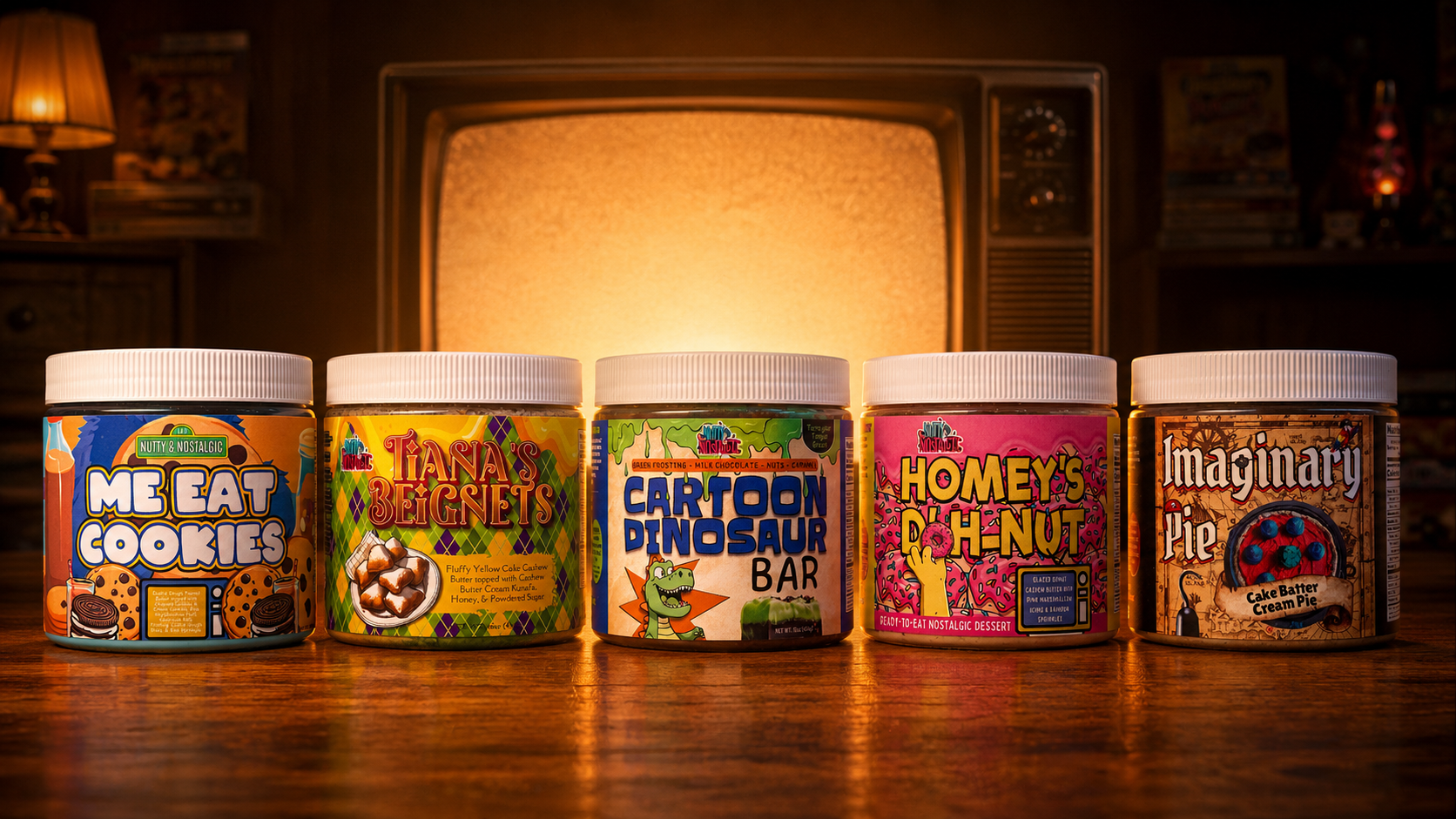 The five Movie & TV nut butter jars glowing in front of a vintage television