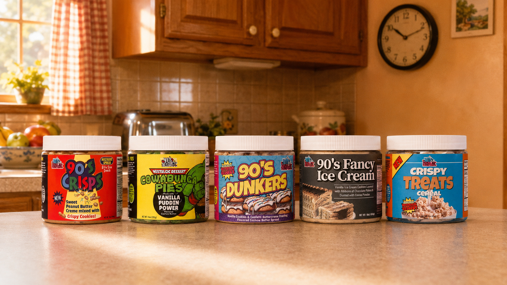 The five Nutty and Nostalgic drop jars lined up on a 1990s kitchen counter