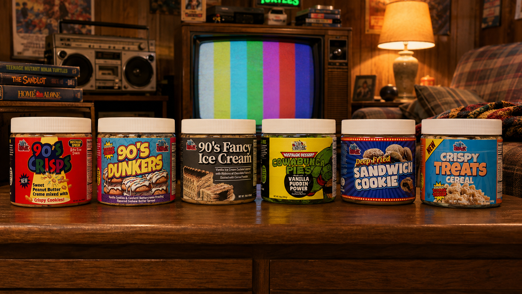 90's Crisps, 90's Dunkers, 90's Fancy Ice Cream, Cowabunga Pies, Deep Fried Sandwich Cookie and Crispy Treats Cereal jars lined up in a 1990s living room