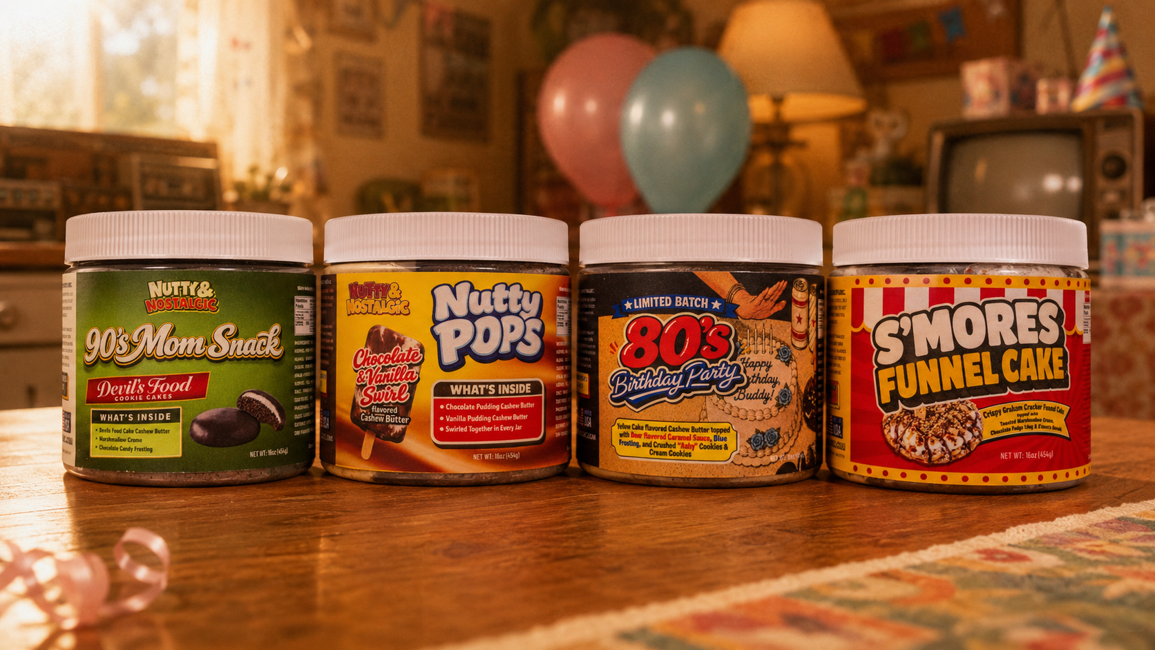 The four new Nutty and Nostalgic drop jars on a warm retro table with birthday balloons