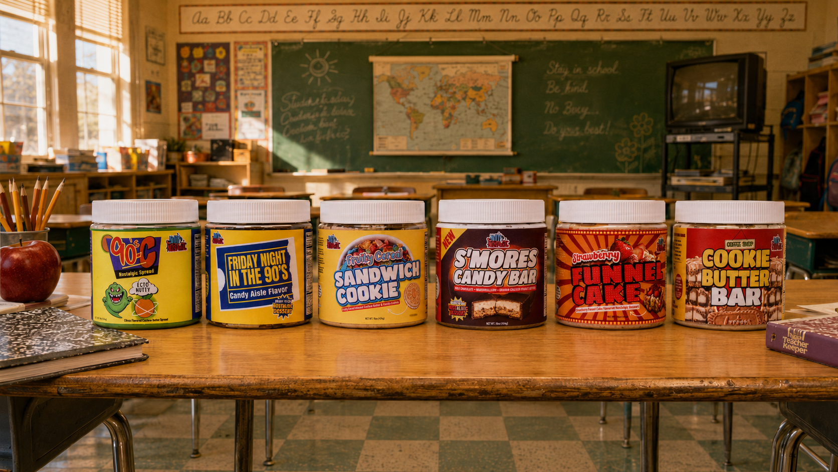 The six new Nutty and Nostalgic drop jars lined up on a desk in a nostalgic 1990s classroom