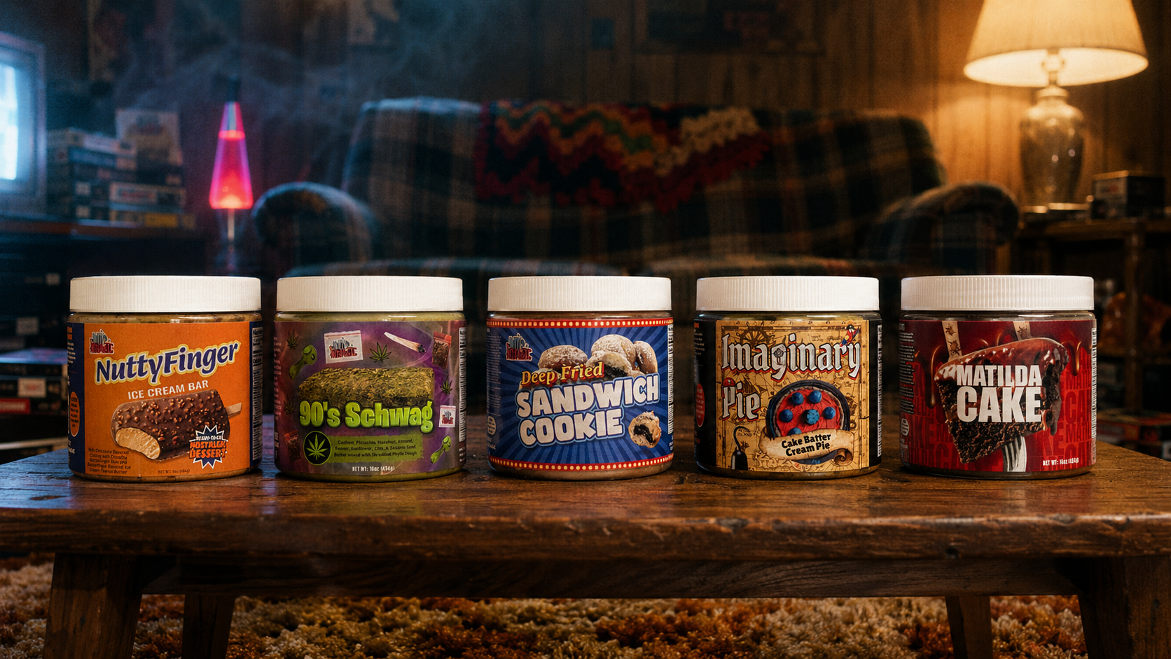 Five new Nutty and Nostalgic drop jars on a coffee table in a 1990s basement rec room