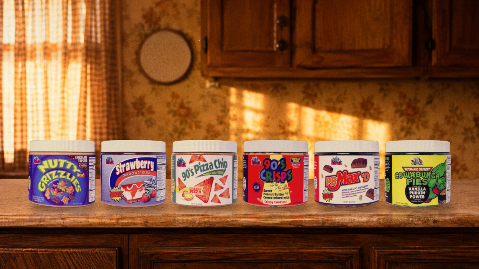 The six new Nutty and Nostalgic jars lined up on a 1990s convenience store counter