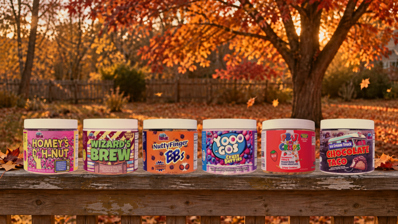 The six new Nutty and Nostalgic jars lined up on a 1990s convenience store counter