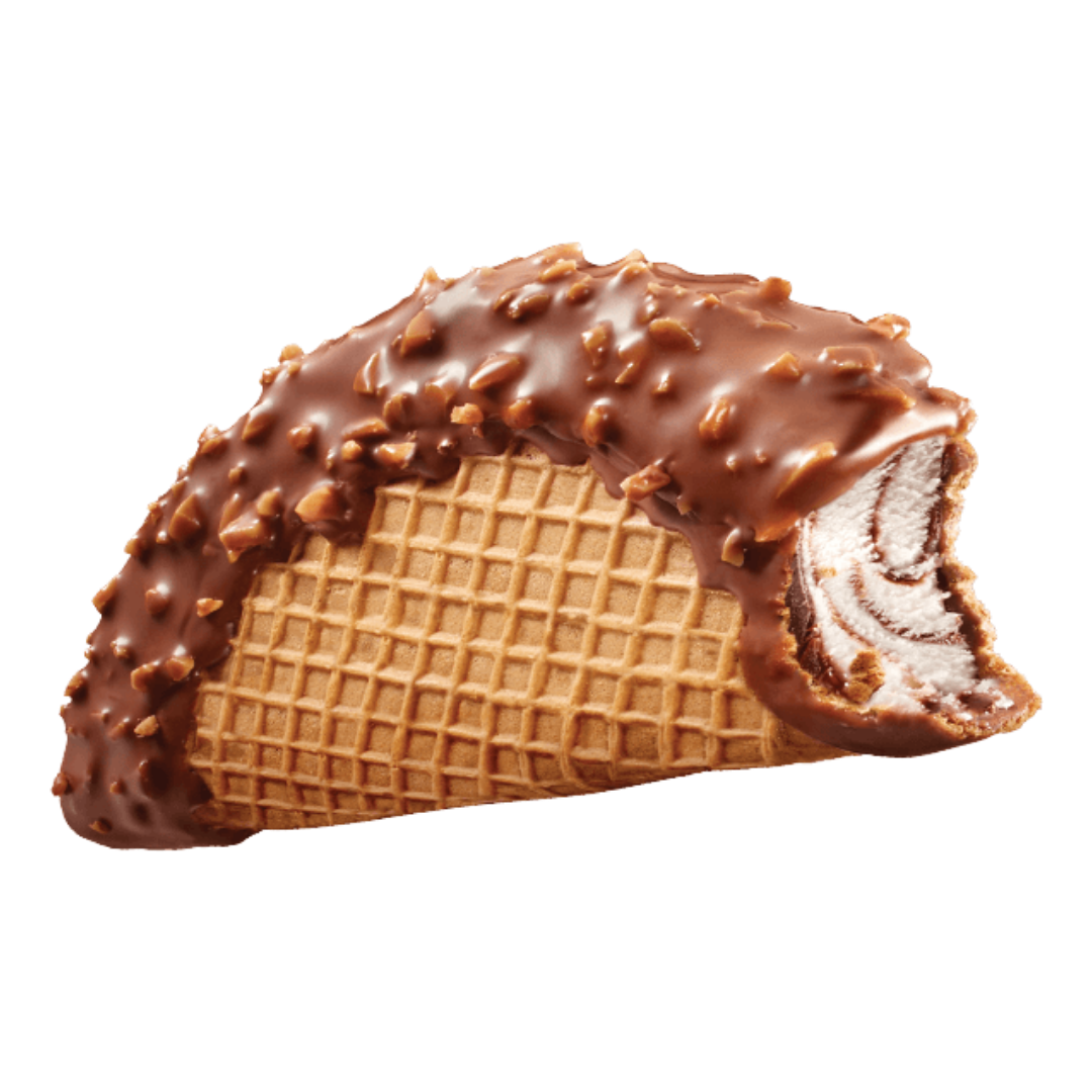 A waffle cone taco filled with ice cream and dipped in chocolate