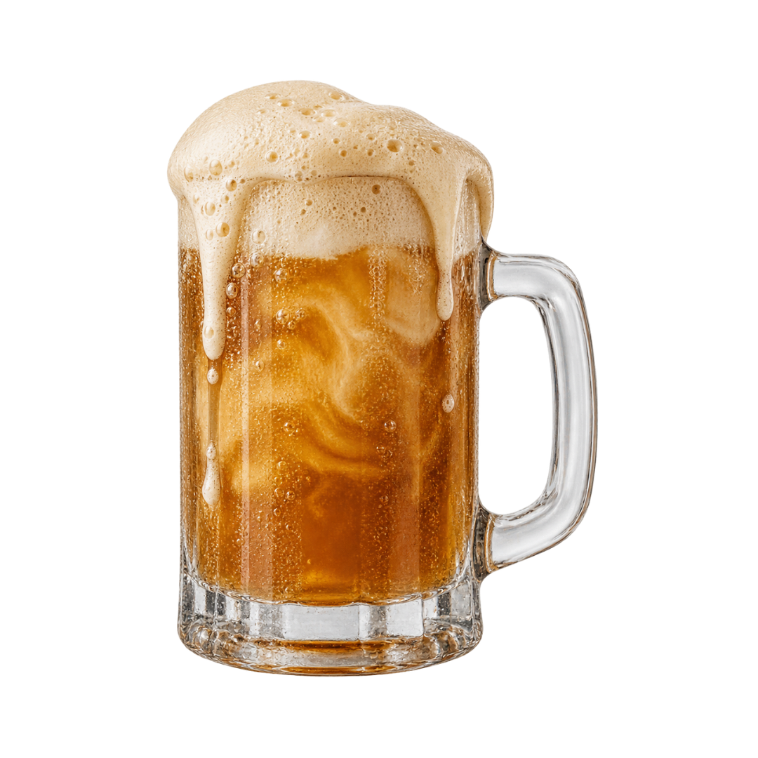 A frothy amber butterscotch cream soda in a glass mug