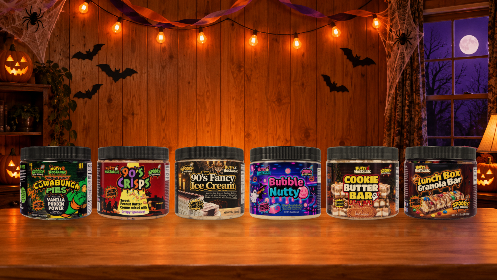 The six restocked Nutty and Nostalgic jars in Halloween labels on a table in a 1990s living room decorated for Halloween