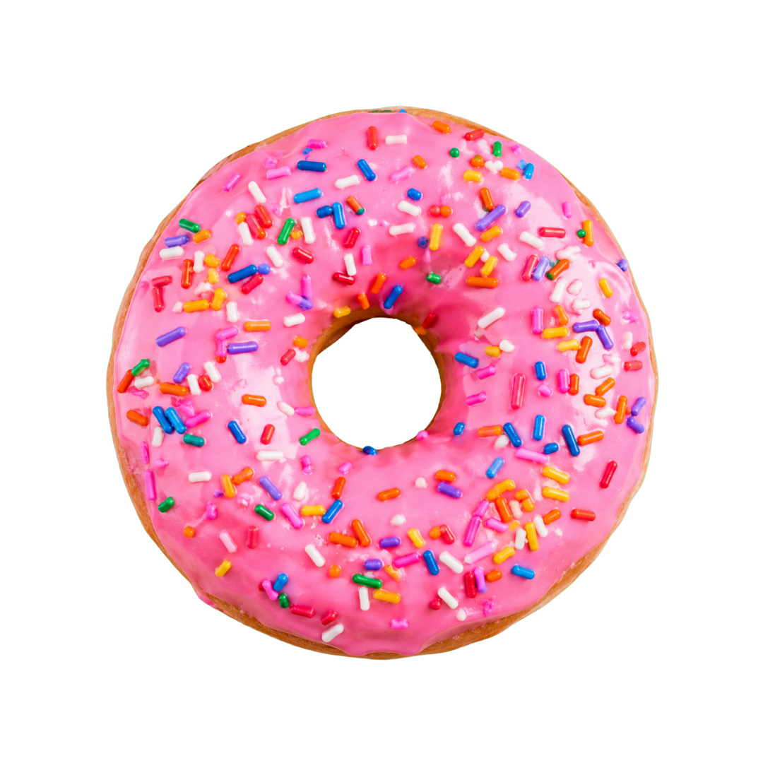 A pink-frosted doughnut covered in rainbow sprinkles