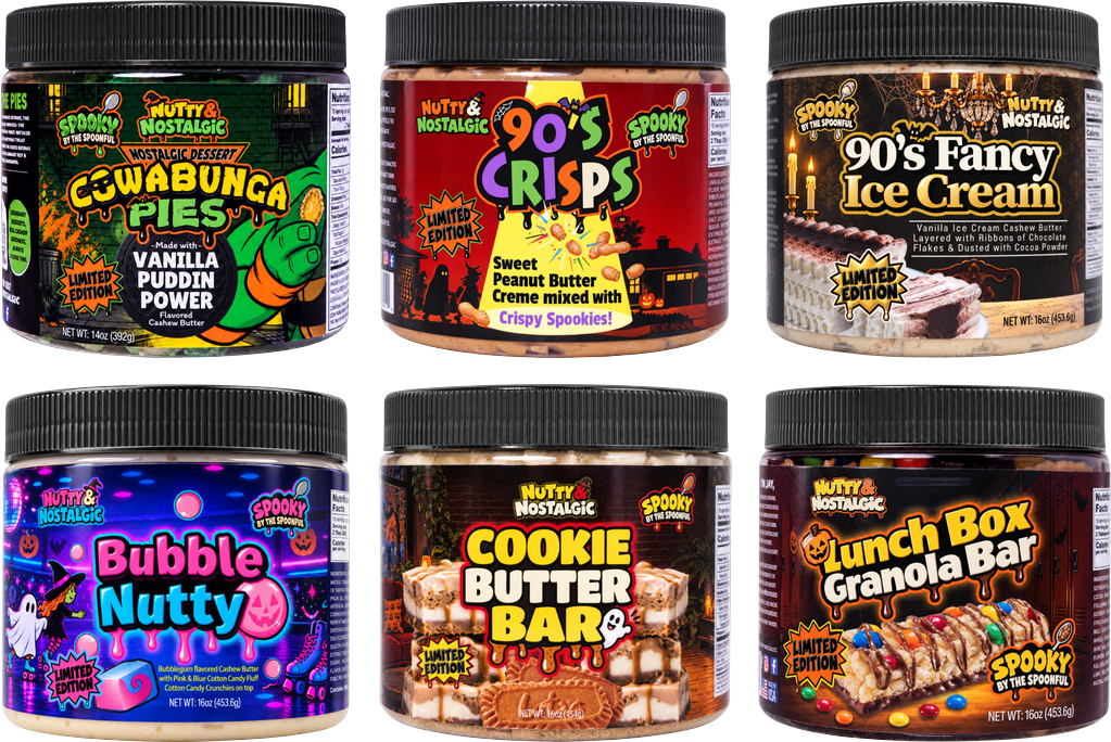 The six restocked Nutty and Nostalgic jars in limited edition Halloween labels