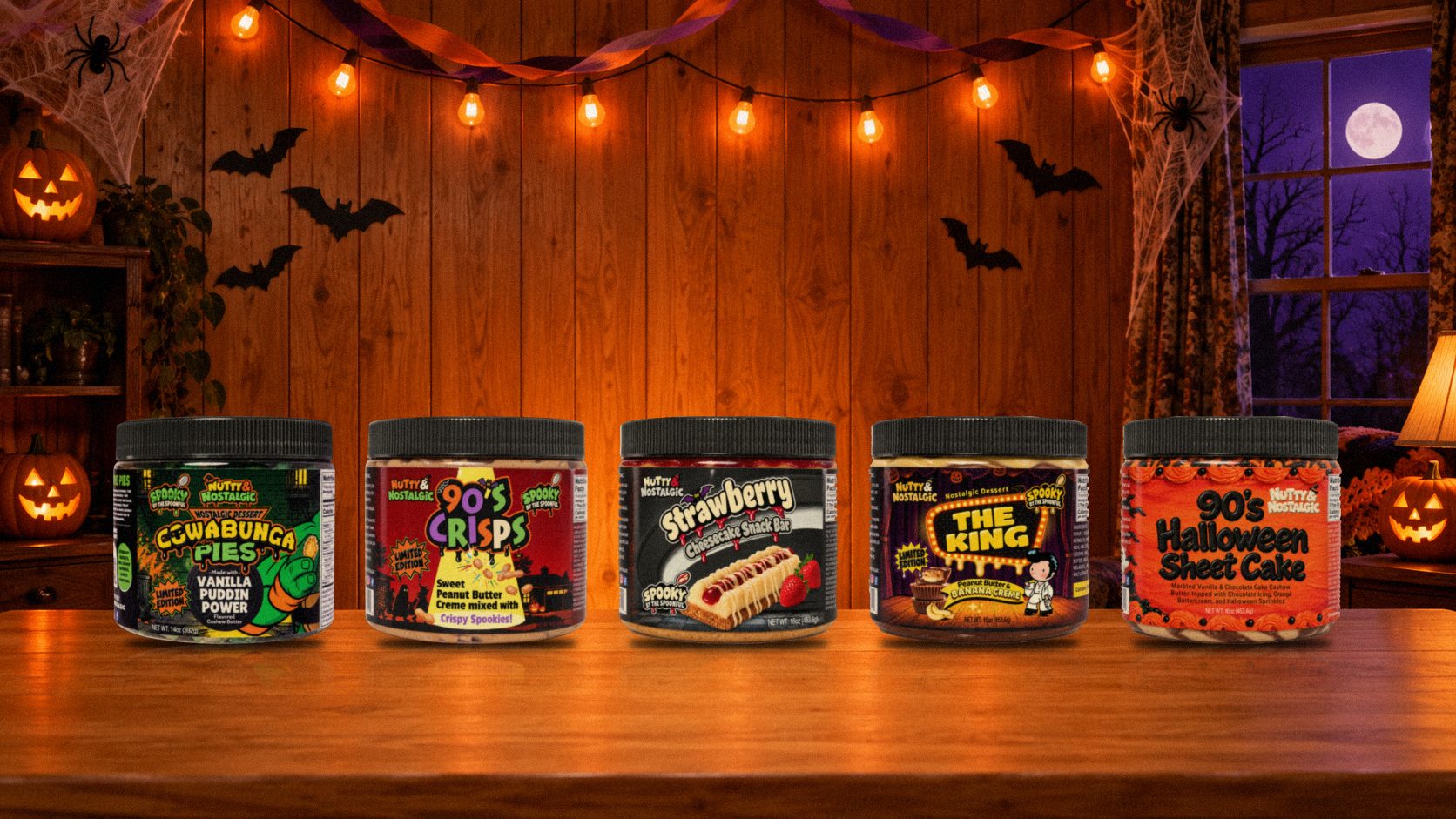 Nutty and Nostalgic jars in limited edition Halloween labels on a table in a 1990s living room decorated for Halloween