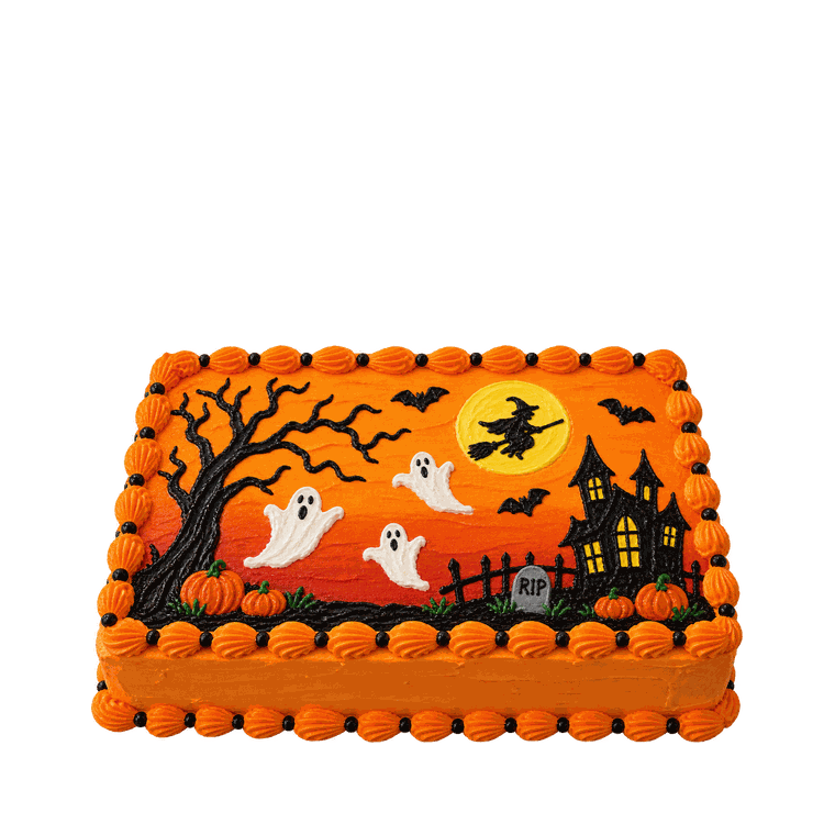 A Halloween sheet cake with orange buttercream and a haunted house on top