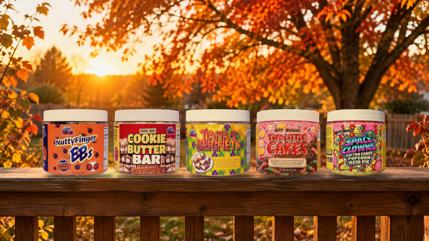 Nutty and Nostalgic jars on a porch railing in the fall